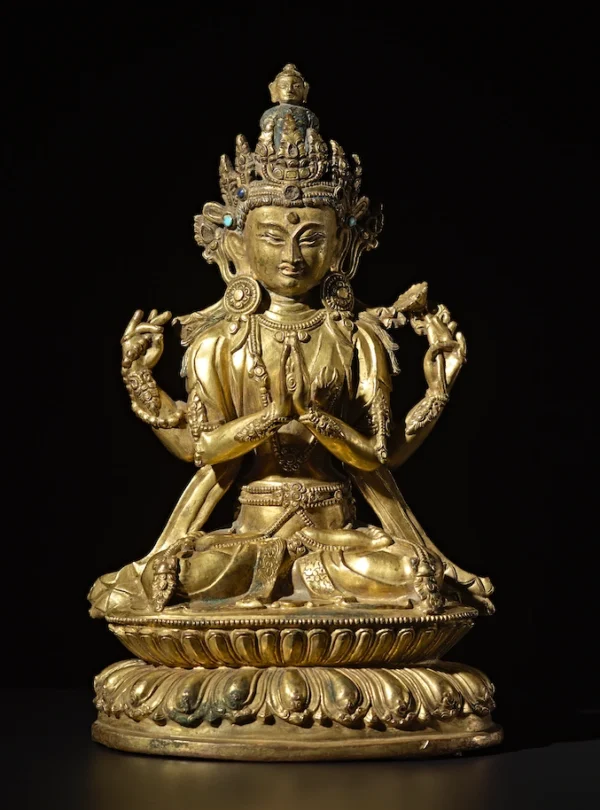 Avalokiteshvara Sadaksari en bronce dorado con incrustaciones de turquesa, Pekín o Tíbet, dinastía Ming