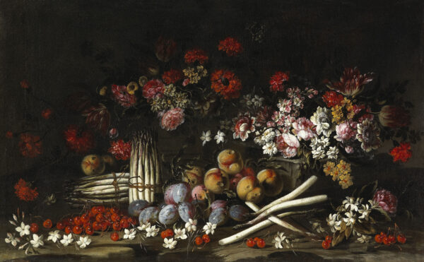 Naturaleza muerta con flores, frutas y espárragos, óleo barroco atribuido a Giuseppe Vicenzino