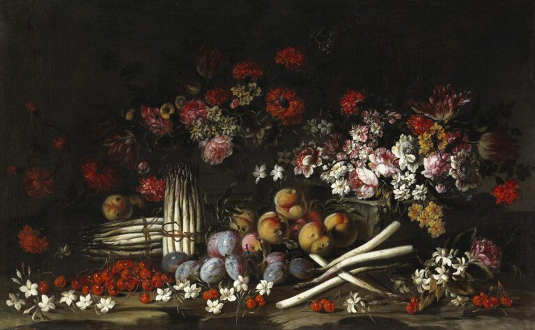 Naturaleza muerta con flores, frutas y espárragos, óleo barroco atribuido a Giuseppe Vicenzino
