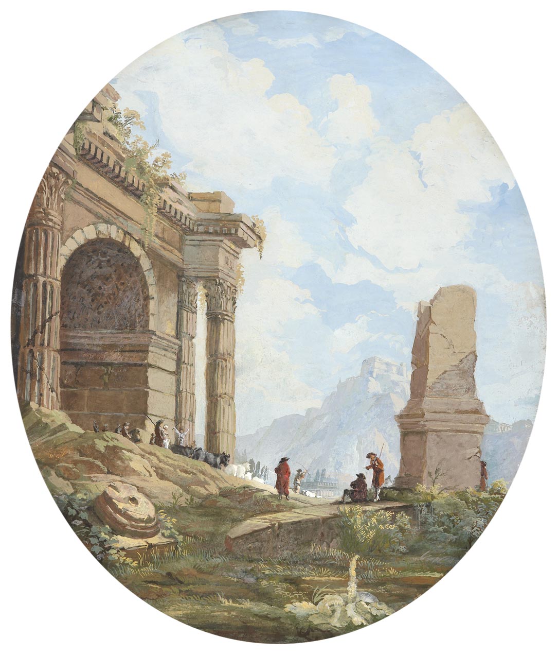 Capricho arquitectónico con ruinas clásicas, gouache sobre papel, siglo XVIII